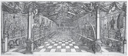 Cesare Fiori (1636-1702), La galeria Settala, ingraving in Paolo Maria Tergazo, Museo, ò Galeria adunata[&hellip;], Tortone, per li figliuoli del E. Viola, 1666. Several pieces can be identified, for instance the pyramidal «moto perpetuo» on the extreme left, and the mechanical «devil», with the Armillary Sphere on top, on the extreme right. 
