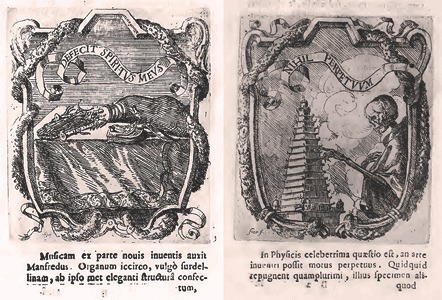 C. Fiori, the sourdeline of Settala exposed fo his funerals, «Defecit Spiritus Meus», engraving in G. M. Visconti, Exeqviae in Templo S. Nazari Manfredo Septali patritio Mediolanensi, Milan, Stamperia Arcivescovile,1680, p. 6. 12. C. Fiori, the perpetual machine of Settala («Nihil Perpetuum»), engraving in the same booklet , p. 8. 
